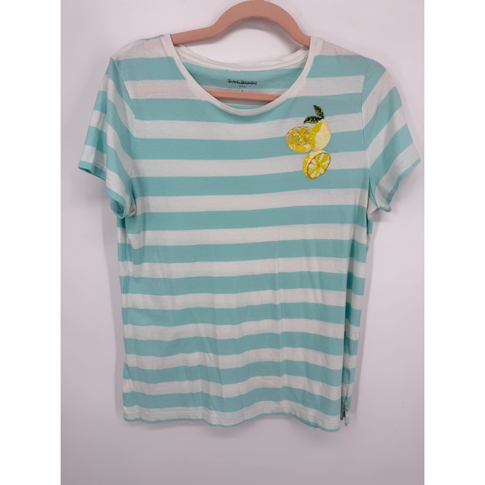 Talbots Striped Lemon Sequin T-Shirt Women Size S Mint Green Short Sleeve Cotton